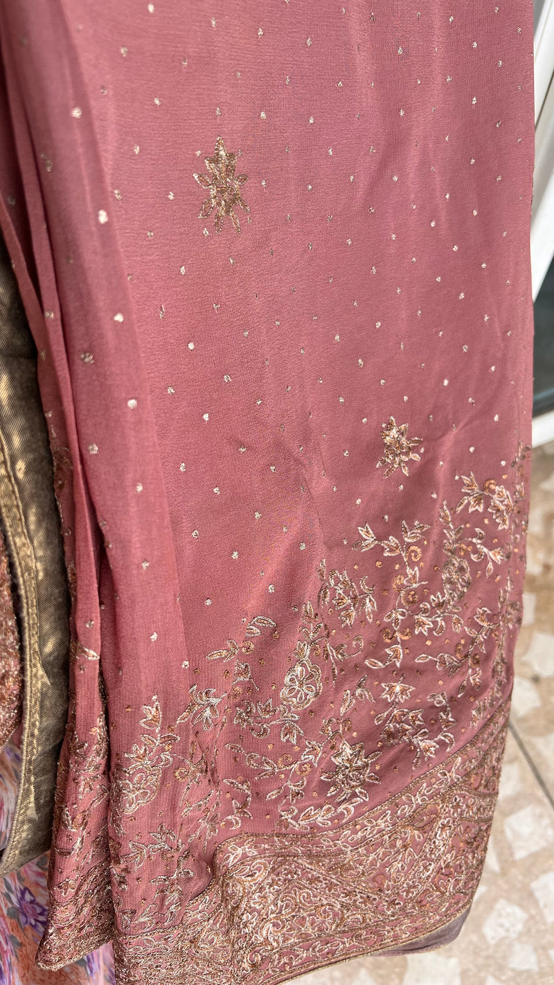 SORAYA- A BEAUTIFUL OLD ROSE COLOR SAREE IN PURE GEORGETTE WITH HAND EMBROIDERED MATT GOLD ZARDOSI