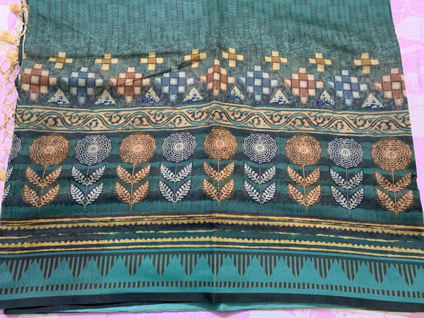 CHAITHRA- A COTTON SILK TEAL COLOUR SAREE WITH A MULTILAYERED PRINTED BORDER