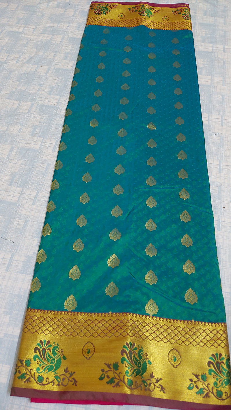 SARALA- A PEACOCK GREEN BLENDED SILK SAREE WITH A GOLD ZARI BORDER, WITH BLOUSE