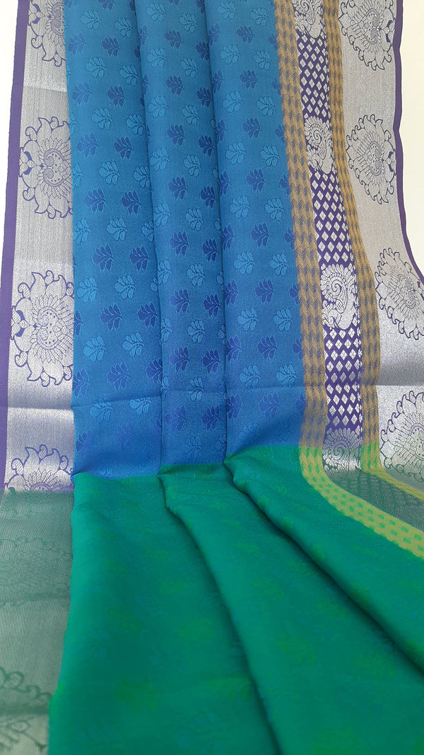 ARANYA- A SILK BLEND SAREE IN DUAL SHADE OF COBALT BLUE AND GREEN, WITH DOUBLE SIDE BORDER AND BLOUSE LENGTH ATTACHED