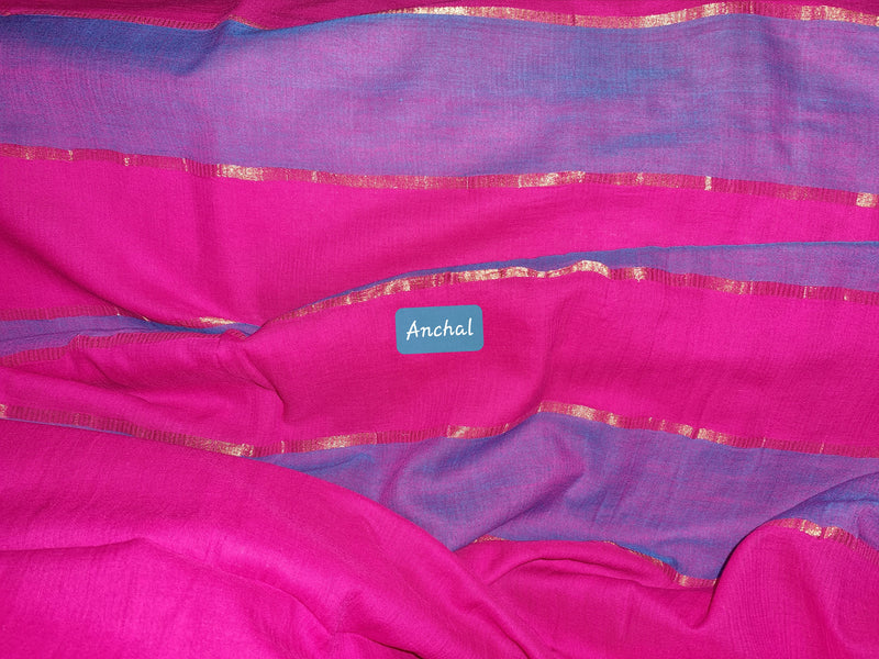 KANCHI- A KANCHIPURAM PURE COTTON SAREE IN  RANI PINK WITH A BLUE AND ZARI BORDER