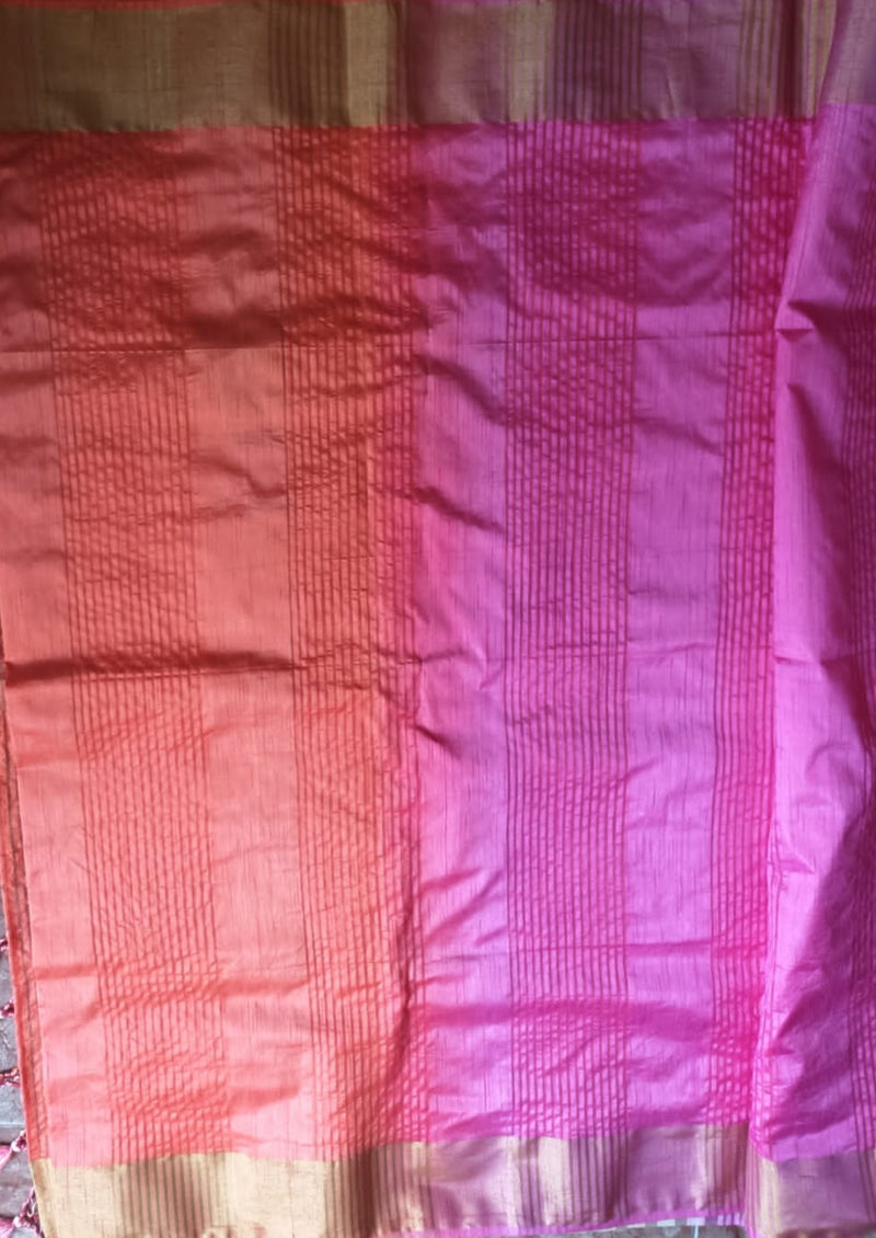 MANIKYA- A BEAUTIFUL SILK SAREE IN  PINK WITH ORANGE PATLI AND STRIPED AANCHAL AND BORDER IN GOLD