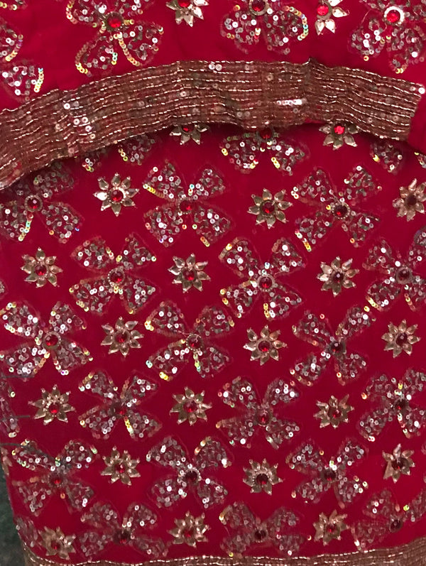 RATANJALI- A BEAUTIFUL RED GEORGETTE WITH SEQUIN AND STONE WORK ALL OVER THE BODY IN FLORAL PATTERNS AND A MULTILINED SEQUIN BORDER
