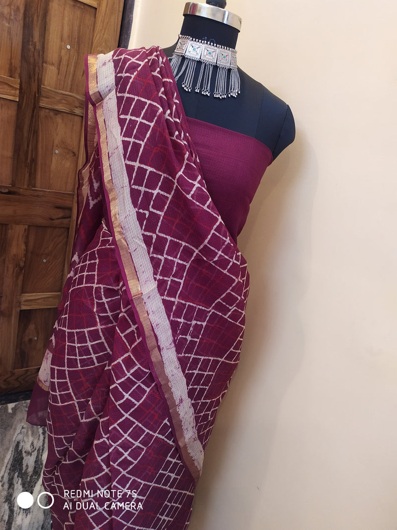 JYOTI- PURE KOTA HANDBLOCK PRINT SAREE IN MAROON WITH OFFWHITE AND RUST, GOLD ZARI BORDER