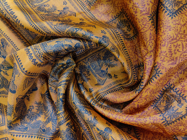 VRISHTI- A BRICK ORANGE, SILK, POWERLOOM SAREE WITH BLACK THREAD WOVEN PEACOCK BORDER, PRINTED BODY AND AANCHAL