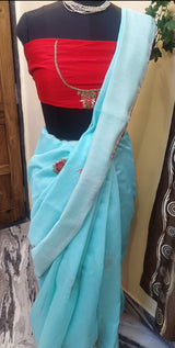 JAL PARI- A BLUE PURE LINEN SAREE WITH CONTRAST RED COLOURED EMBROIDERED BLOUSE PIECE