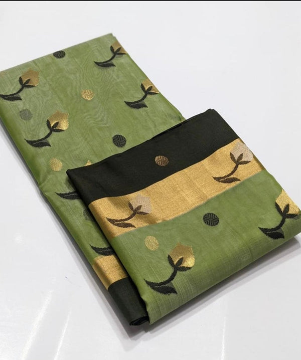 IRATI- A GORGEOUS GREEN CHANDERI SAREE WITH BLACK AND GOLD ZARI BORDER AND BEAUTIFUL MOTIFS IN THE AANCHAL