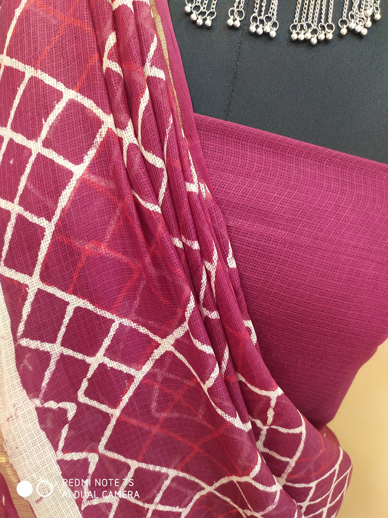 JYOTI- PURE KOTA HANDBLOCK PRINT SAREE IN MAROON WITH OFFWHITE AND RUST, GOLD ZARI BORDER