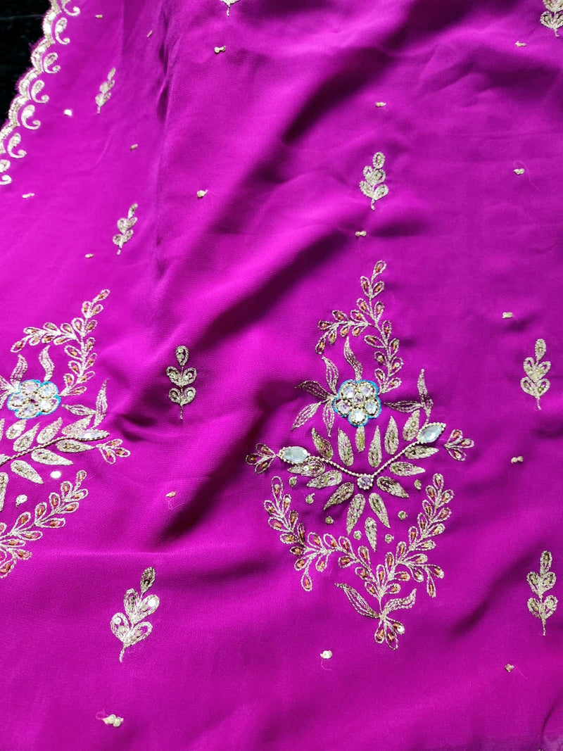 KASHVEE- A BEAUTIFUL MAGENTA COLORED, PURE CHIFFON SAREE WITH BEAUTIFUL EMBROIDERY