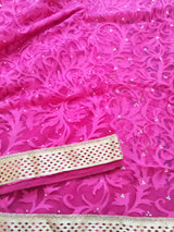 AFSANA- A PINK NET SAREE WITH FLORAL DESIGN, SEQUINS AND GOLDEN ZARI BORDER