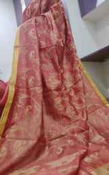 NAVODHA- A PEACH SILK SAREE WITH DULL GOLD FLORAL EMBROIDERY, GOLD ZARI BORDER AND HEAVY WORK IN THE AANCHAL