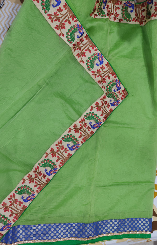 MAYURIKA- A VIBRANT PARROT GREEN COLOUR KOTA BLEND SAREE WITH PEACOCK BLOCK PRINT BORDER