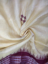 KATHYA- AN OFFWHITE AND MAROON SAMBALPURI BAPTA PAATA( SILK COTTON) WITH A WOVEN BORDER WITH FISH MOTIFS AND A FULLY WOVEN TRADITIONAL SAMBALPURI AANCHAL