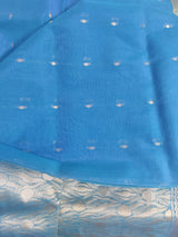 ATASI- A SOOTHING BLUE COOTTON SAREE WITH THIN SILVER ZARI BORDER AND A FULLY WOVEN SILVER AANCHAL