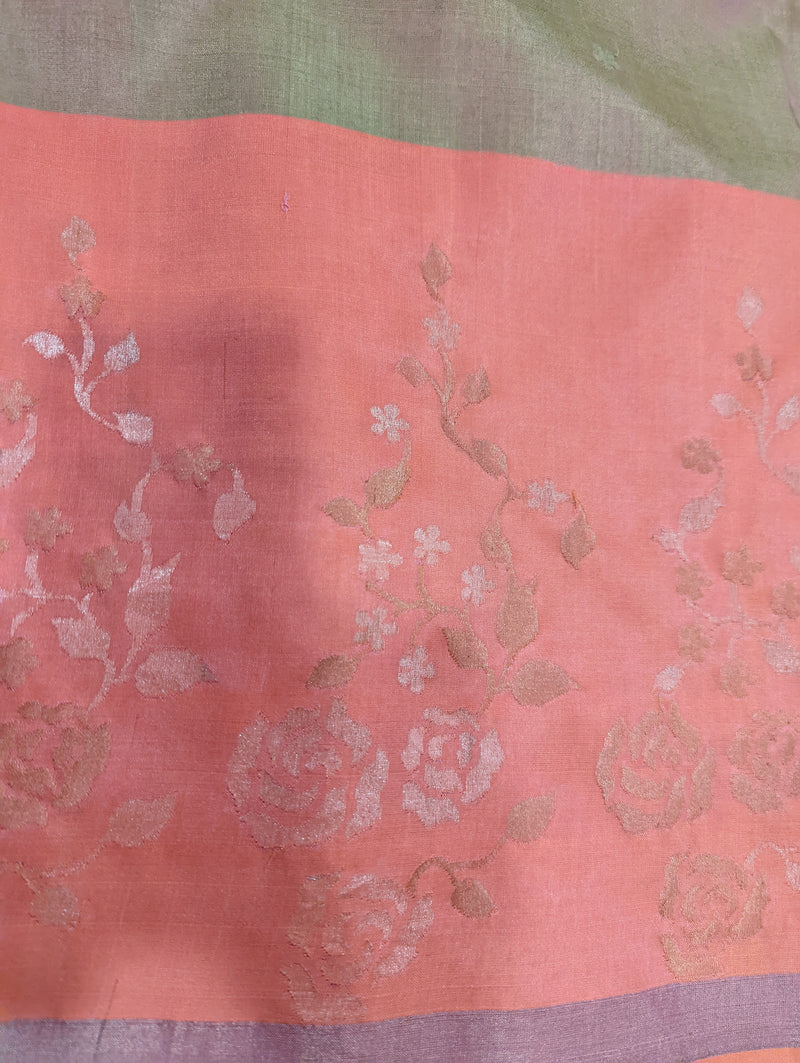 MYTHRI- A GORGEOUS BEIGE UPPADA SILK WITH A PEACHISH PINK EMBROIDERED BROAD BORDER AND FULLY EMBROIDERED AANCHAL