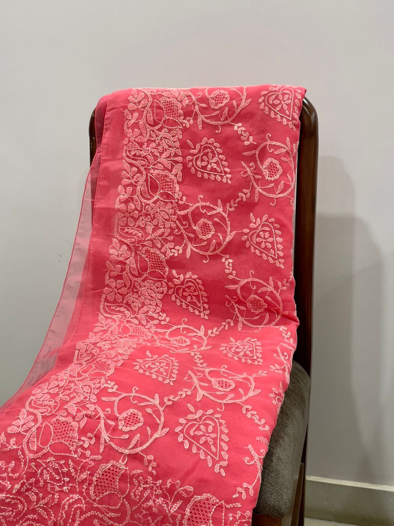 ROSALINA- A BRIGHT PINK GEORGETTE SAREE WITH LUKCNOWI HAND EMBROIDERY