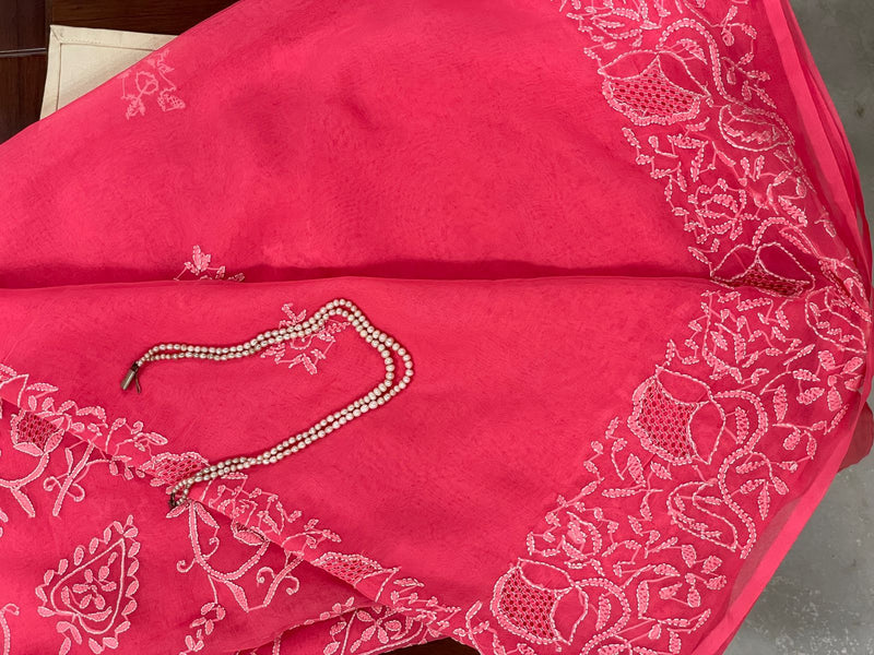 ROSALINA- A BRIGHT PINK GEORGETTE SAREE WITH LUKCNOWI HAND EMBROIDERY