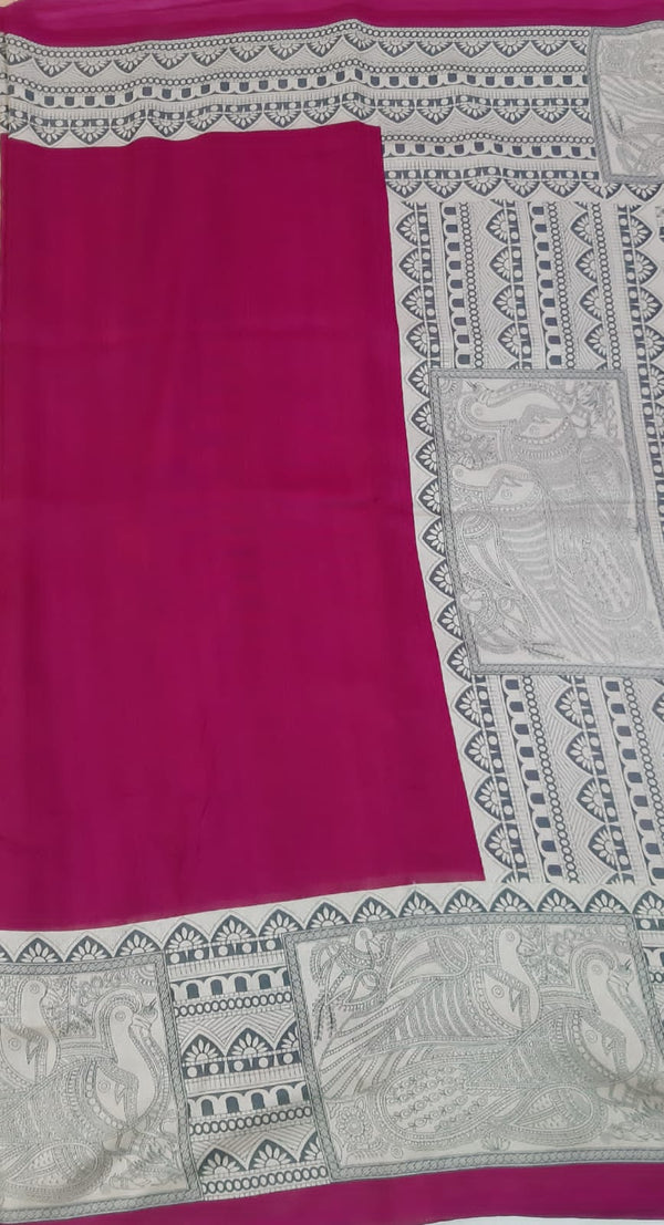RANEE- A MIXED BLEND GEORGETTE, RANI PINK SAREE WITH SCREEN PRINTED MADHUBANI BORDER AND AANCHAL