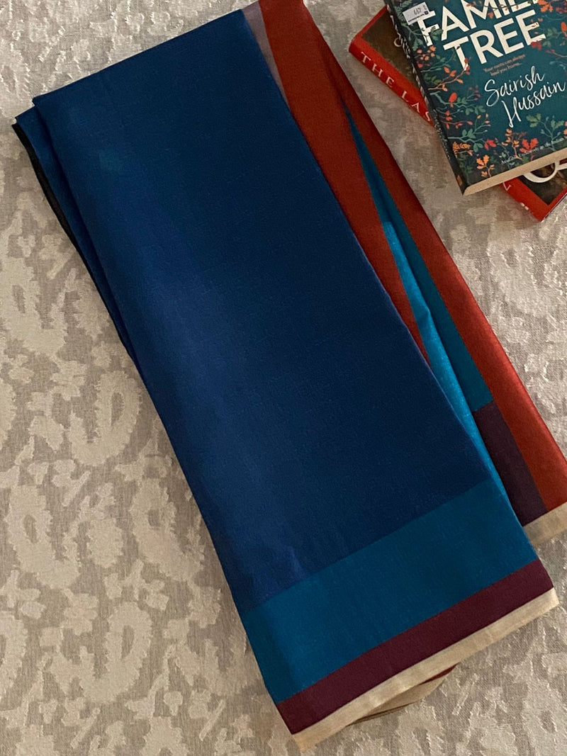 MAHIMA- A BLENDED SILK IN BLUE AND BROWN WITH BLUE AND PURPLE VERTICAL SEGMENTS