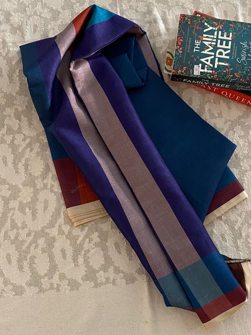 MAHIMA- A BLENDED SILK IN BLUE AND BROWN WITH BLUE AND PURPLE VERTICAL SEGMENTS