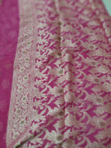 PINKY- A STUNNING BANARASI PURE GEORGETTE SAREE IN PINK WITH THREADWORK WEAVE IN THE BODY, BORDER AND A FULLY WOVEN AANCHAL