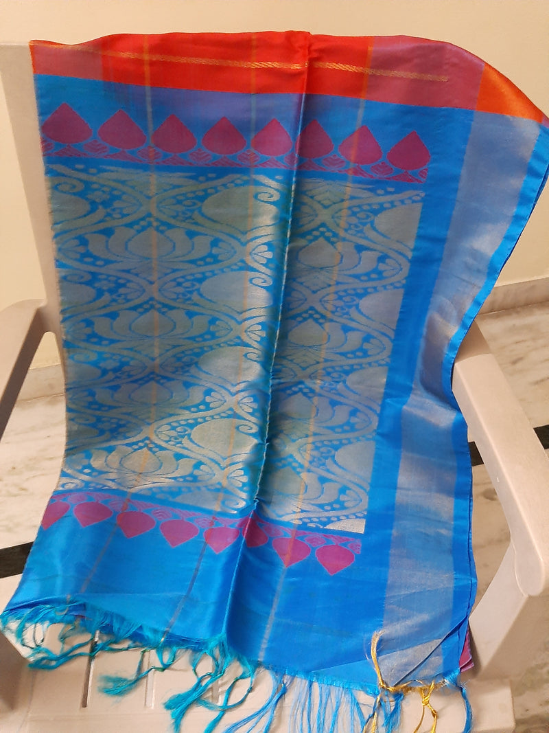 RUDHIRA- A SILK BLEND SAREE IN RED WITH GOLD SQAURES AND ALTERNATING BLUE AND GOLD MOTIFS WITHIN, ATTACHED BLOUSE PIECE IN CONTRAST COLOUR
